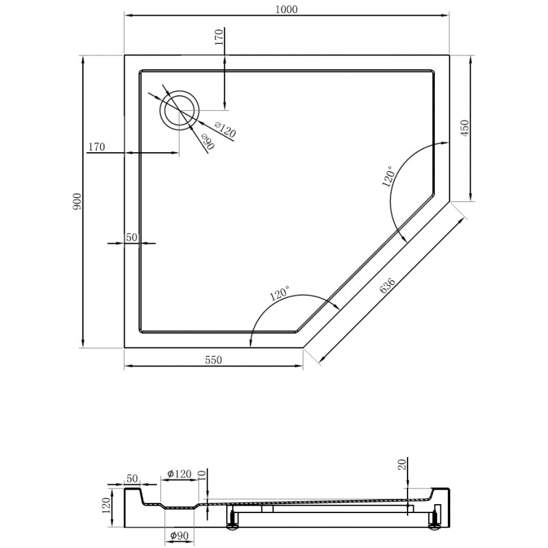 Mexen Flow+ receveur de douche pentagonal gauche 100 x 90 cm, blanc brillant - 46P109010LH
