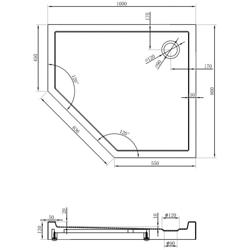 Mexen Flow+ receveur de douche pentagonal droit 100 x 90 cm, blanc brillant - 46P109010RH