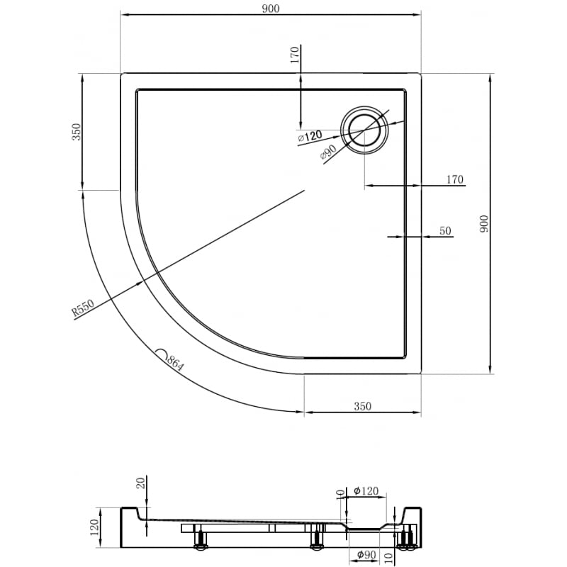Mexen Flow+ receveur de douche semi-circulaire 90 x 90 cm, blanc brillant - 46Q109090H