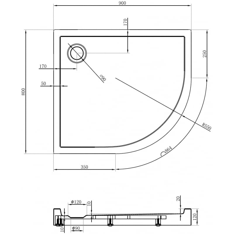 Mexen Flow+ receveur de douche semi-circulaire asymétrique gauche 90 x 80 cm, noir mat - 46Q708090LH