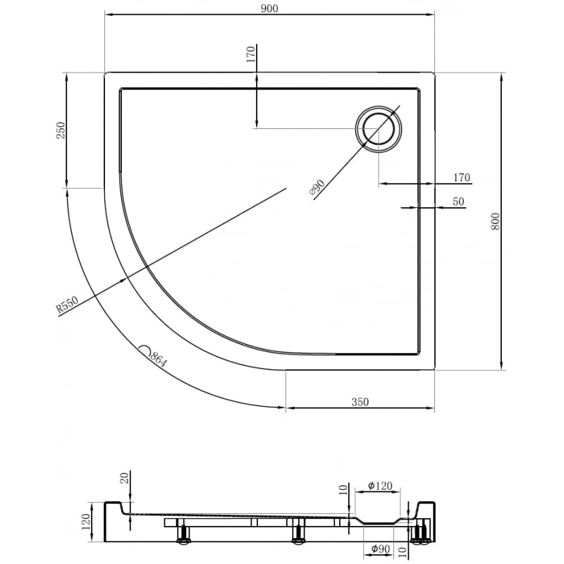 Mexen Flow+ receveur de douche semi-circulaire asymétrique droit 90 x 80 cm, blanc brillant - 46Q108090RH