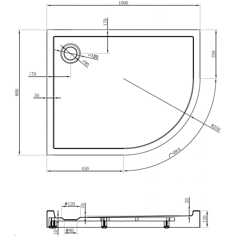 Mexen Flow+ receveur de douche asymétrique en quart de cercle gauche 100 x 80 cm, noir mat - 46Q708010LH