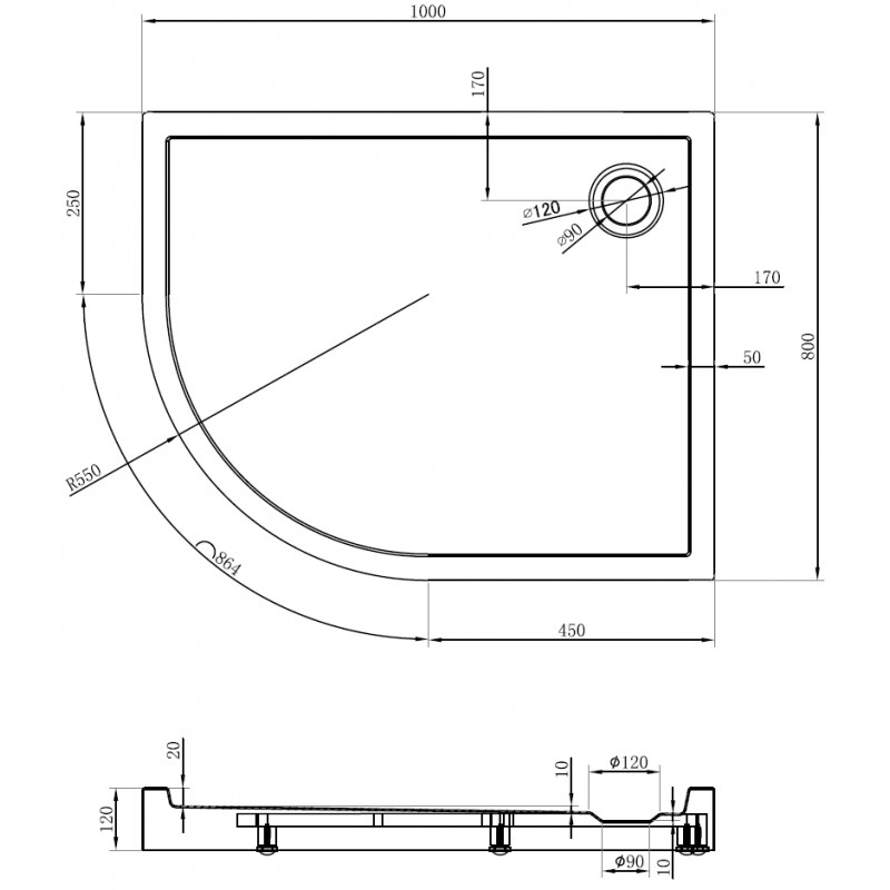 Mexen Flow+ receveur de douche asymétrique demi-cercle droit 100 x 80 cm, blanc brillant - 46Q108010RH