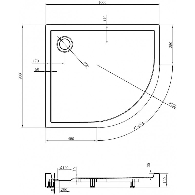 Mexen Flow+ receveur de douche demi-circulaire asymétrique gauche 100 x 90 cm, blanc brillant - 46Q109010LH
