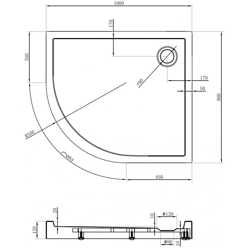 Mexen Flow+ receveur de douche semi-circulaire asymétrique droit 100 x 90 cm, blanc brillant - 46Q109010RH