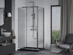 Mexen Apia cabine de douche coulissante 140 x 70 cm, transparent, chrome + receveur Flat, noir - 840-140-070-01-00-4070