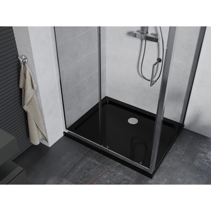 Mexen Apia cabine de douche coulissante 140 x 70 cm, transparent, chrome + receveur Flat, noir - 840-140-070-01-00-4070