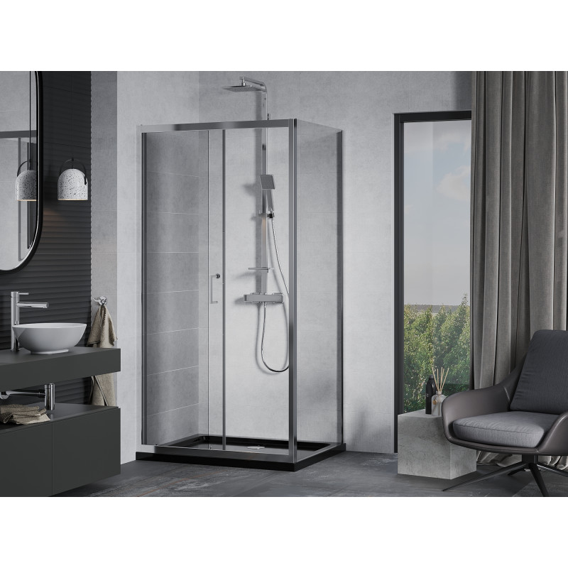 Mexen Apia cabine de douche coulissante 140 x 80 cm, transparent, chrome + receveur Flat, noir - 840-140-080-01-00-4070