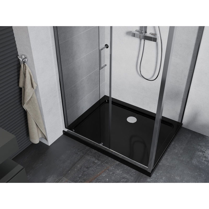 Mexen Apia cabine de douche coulissante 140 x 100 cm, transparent, chromé + receveur plat, noir - 840-140-100-01-00-4070