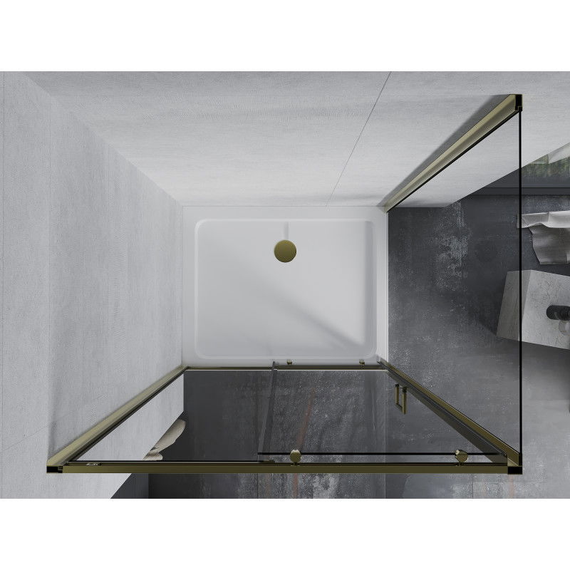 Mexen Apia cabine de douche coulissante 90 x 70 cm, transparente, or + receveur Flat, blanc - 840-090-070-50-00-4010G