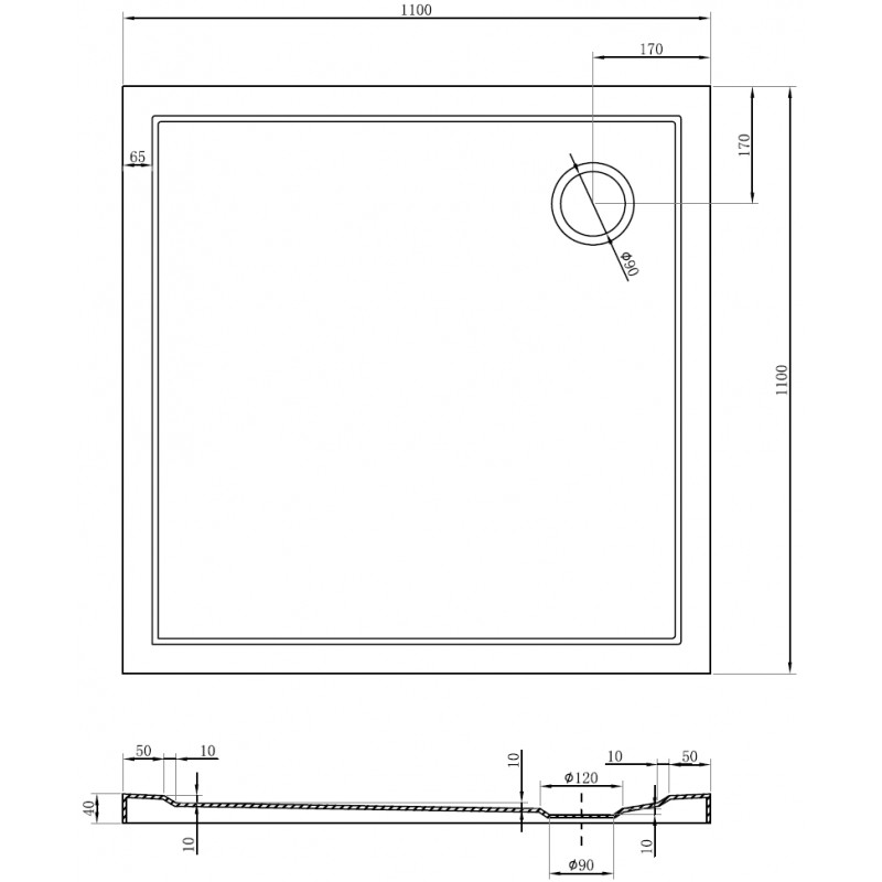 Mexen Flow receveur de douche carré slim 110 x 110 cm, noir mat - 46S701111