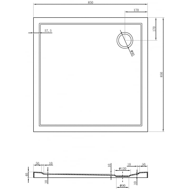 Mexen Flow receveur de douche carré slim 85 x 85 cm, noir mat - 46S708585