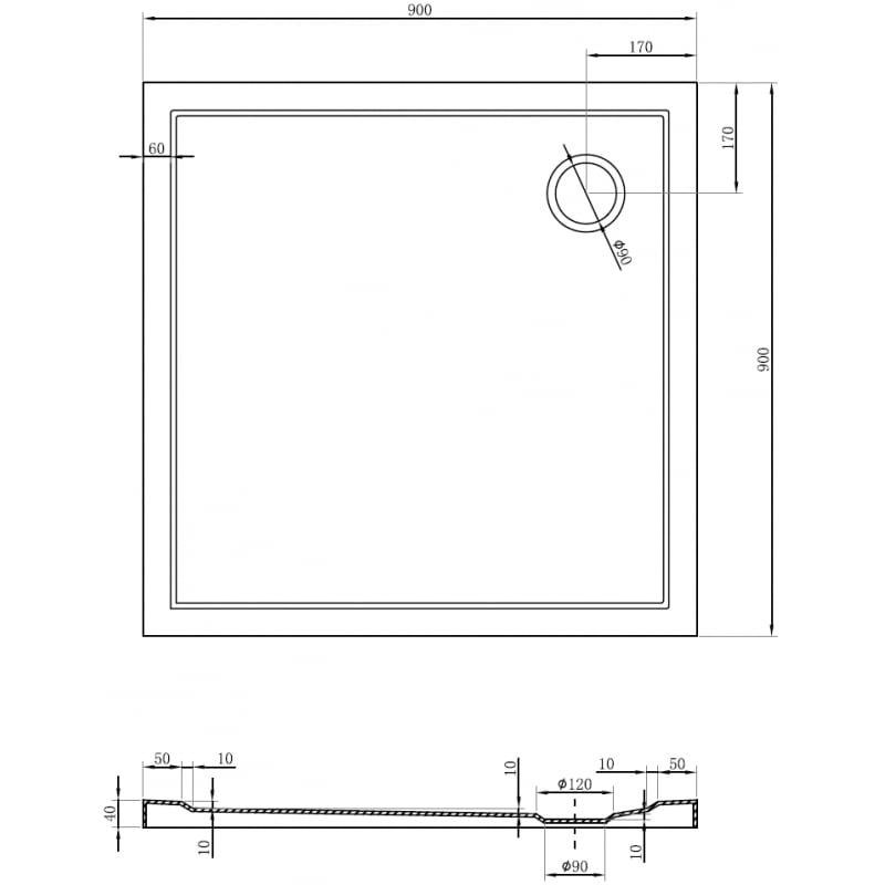 Mexen Flow receveur de douche carré slim 90 x 90 cm, noir mat - 46S709090