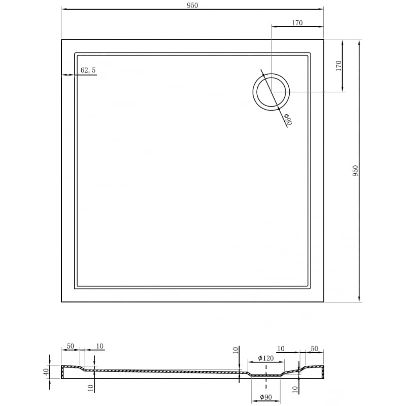 Mexen Flow receveur de douche carré slim 95 x 95 cm, noir mat - 46S709595