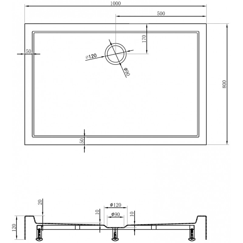 Mexen Flow+ receveur rectangulaire 100 x 80 cm, noir mat - 46R708010H