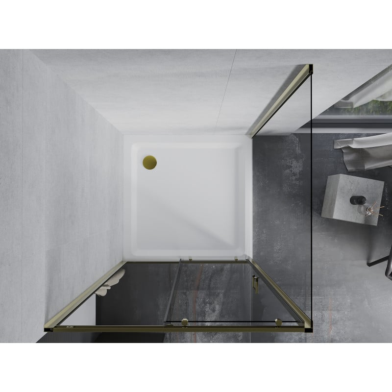 Mexen Apia cabine de douche coulissante 90 x 90 cm, transparent, or + receveur Flat, blanc- 840-090-090-50-00-4010G