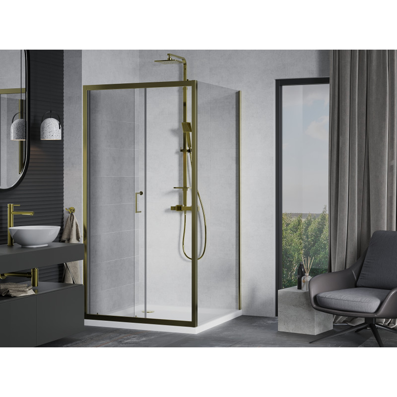 Mexen Apia cabine de douche coulissante 90 x 90 cm, transparent, doré + receveur Flat, blanc - 840-090-090-50-00-4010G