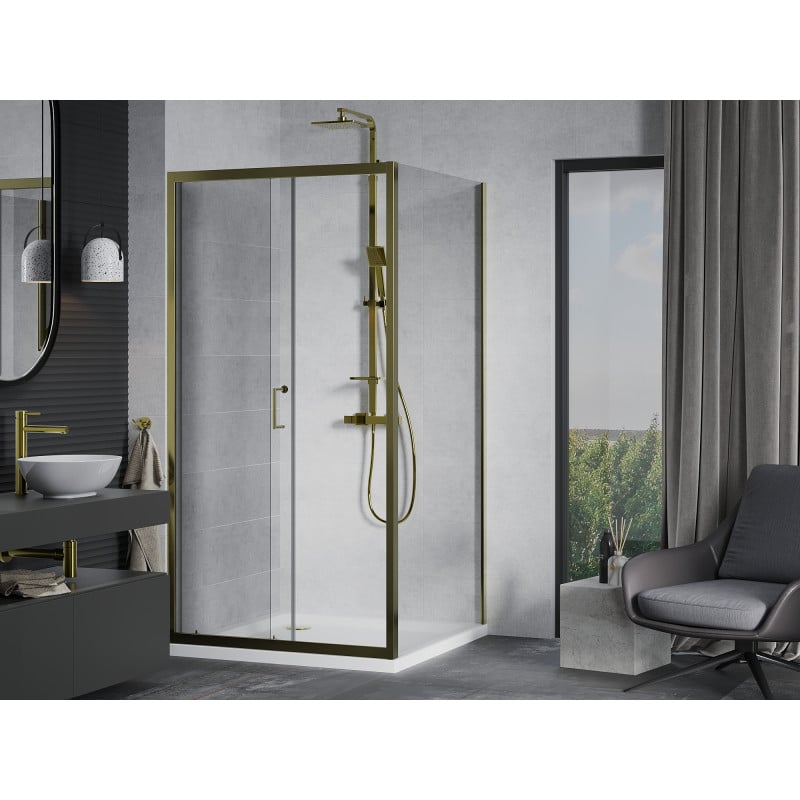 Mexen Apia cabine de douche coulissante 90 x 90 cm, transparent, or + receveur Flat, blanc- 840-090-090-50-00-4010G