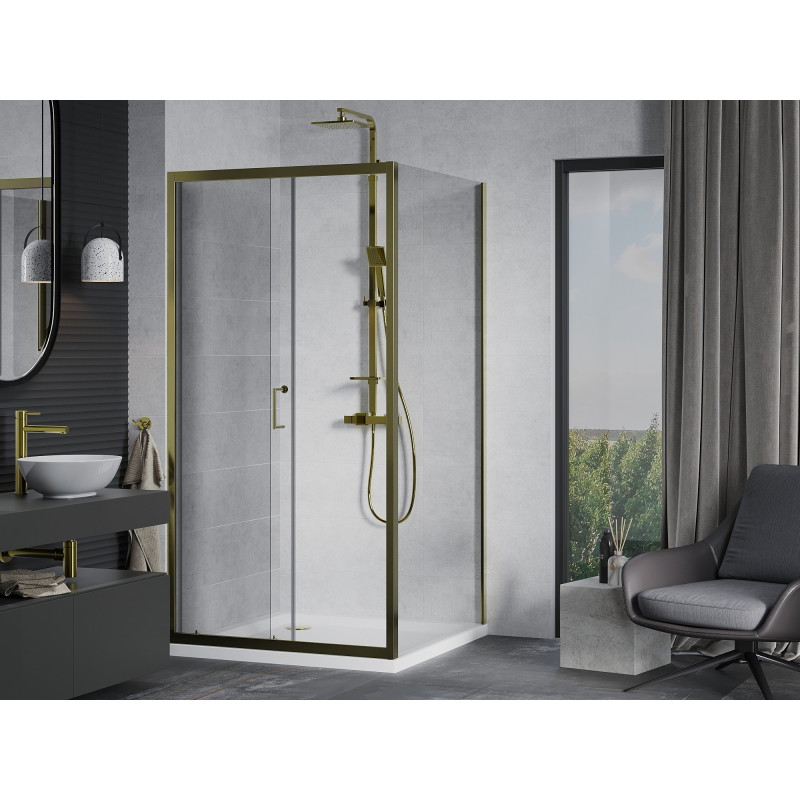 Mexen Apia cabine de douche coulissante 90 x 90 cm, transparente, dorée + receveur Flat, blanc - 840-090-090-50-00-4010G