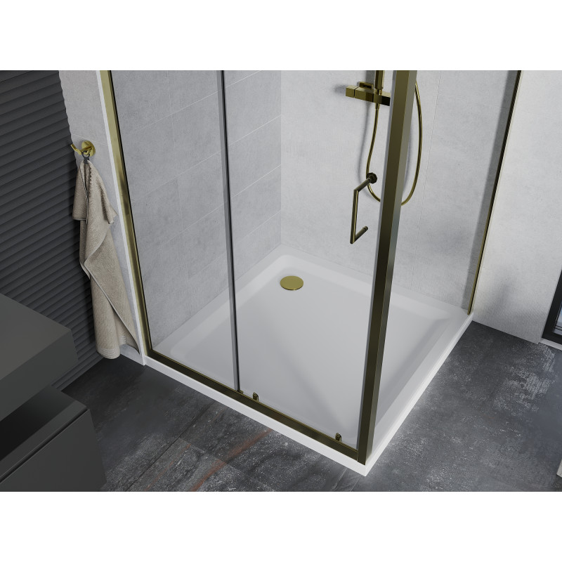 Mexen Apia cabine de douche coulissante 90 x 90 cm, transparent, or + receveur Flat, blanc- 840-090-090-50-00-4010G