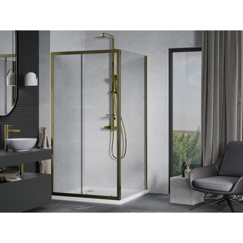Mexen Apia cabine de douche coulissante 90 x 90 cm, transparent, doré + receveur Flat, blanc - 840-090-090-50-00-4010G