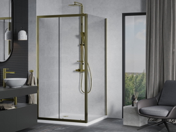 Mexen Apia cabine de douche coulissante 90 x 90 cm, transparente, dorée + receveur Flat, blanc - 840-090-090-50-00-4010G