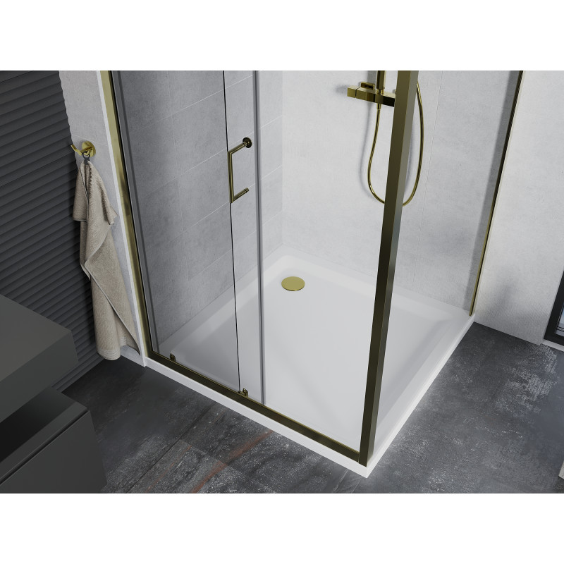 Mexen Apia cabine de douche coulissante 100 x 100 cm, transparent, or + receveur Flat, blanc - 840-100-100-50-00-4010G