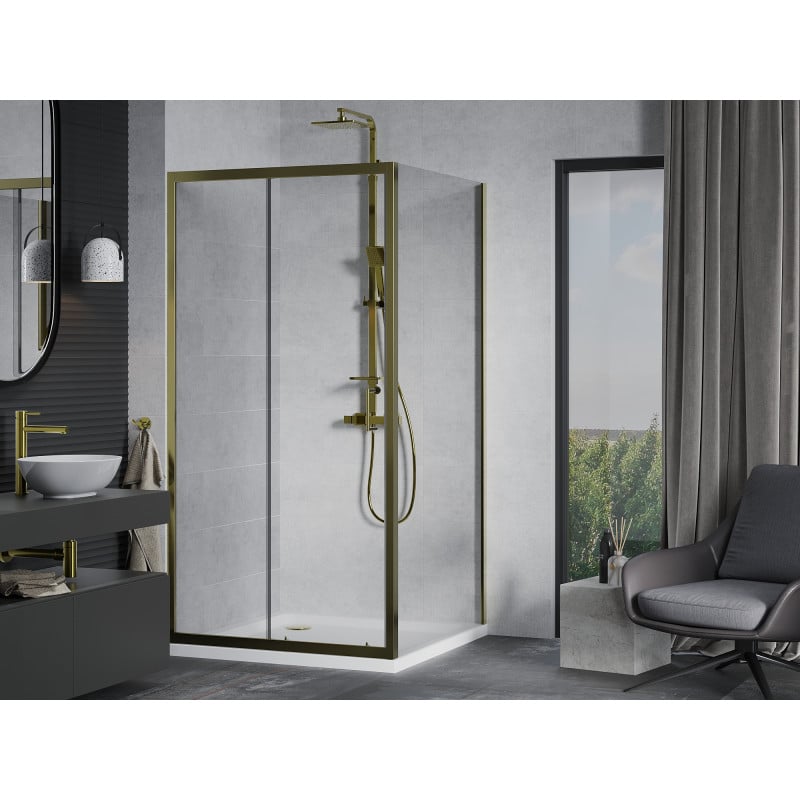 Mexen Apia cabine de douche coulissante 100 x 100 cm, transparent, dorée + receveur Flat, blanc- 840-100-100-50-00-4010G