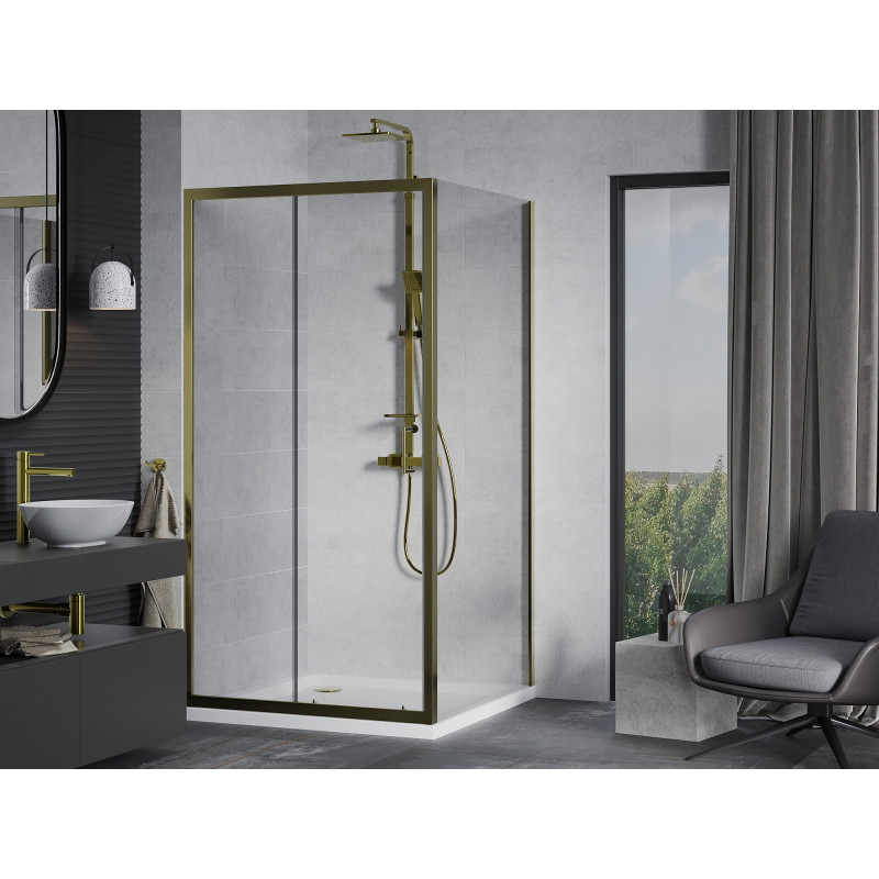 Mexen Apia cabine de douche coulissante 100 x 100 cm, transparente, dorée + receveur Flat, blanc - 840-100-100-50-00-4010G