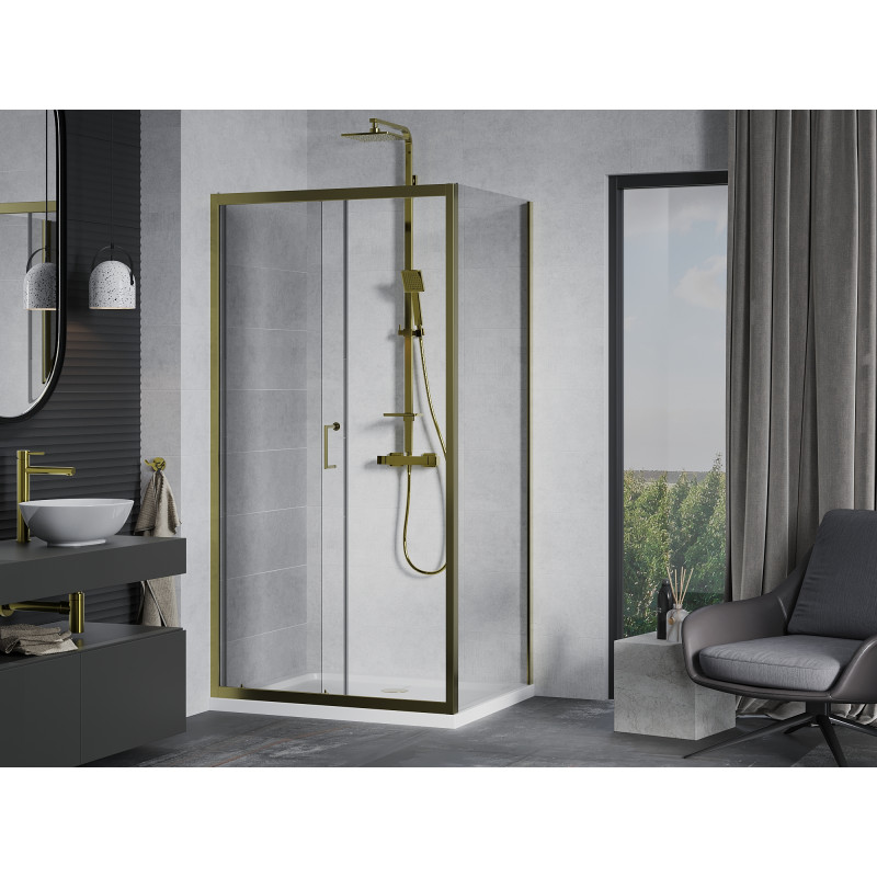 Mexen Apia cabine de douche coulissante 110 x 70 cm, transparente, dorée + receveur Flat, blanc - 840-110-070-50-00-4010G