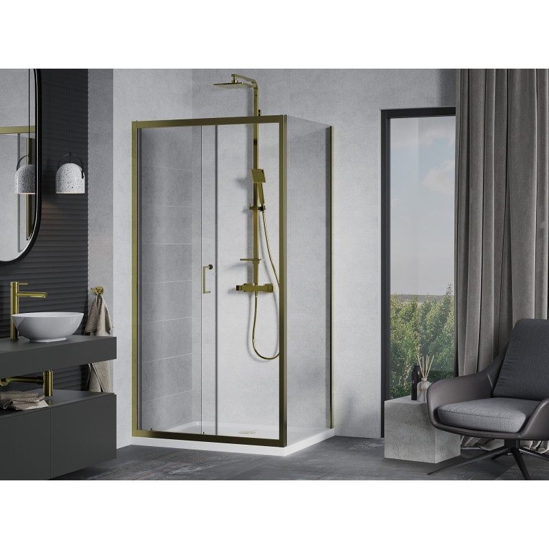Mexen Apia cabine de douche coulissante 110 x 100 cm, transparente, or + receveur plat, blanc - 840-110-100-50-00-4010G
