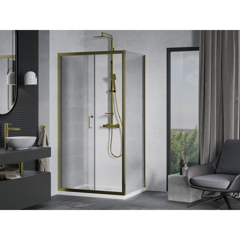 Mexen Apia cabine de douche coulissante 120 x 80 cm, transparent, dorée + receveur Flat, blanc - 840-120-080-50-00-4010G
