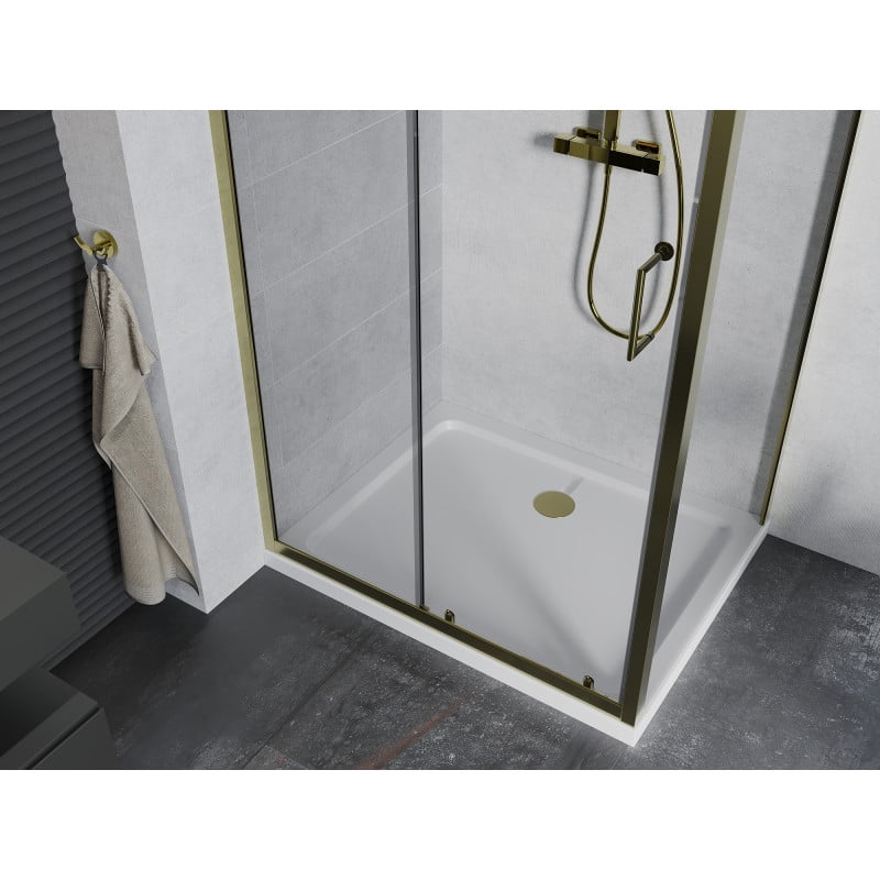 Mexen Apia cabine de douche coulissante 120 x 90 cm, transparent, doré + receveur Plat, blanc- 840-120-090-50-00-4010G
