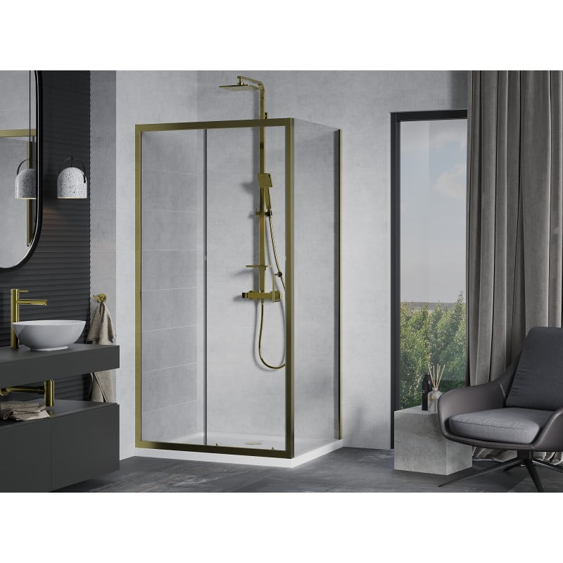 Mexen Apia cabine de douche coulissante 130 x 80 cm, transparent, doré + receveur Flat, blanc- 840-130-080-50-00-4010G