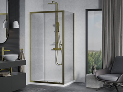 Mexen Apia cabine de douche coulissante 130 x 80 cm, transparent, dorée + receveur Flat, blanc - 840-130-080-50-00-4010G
