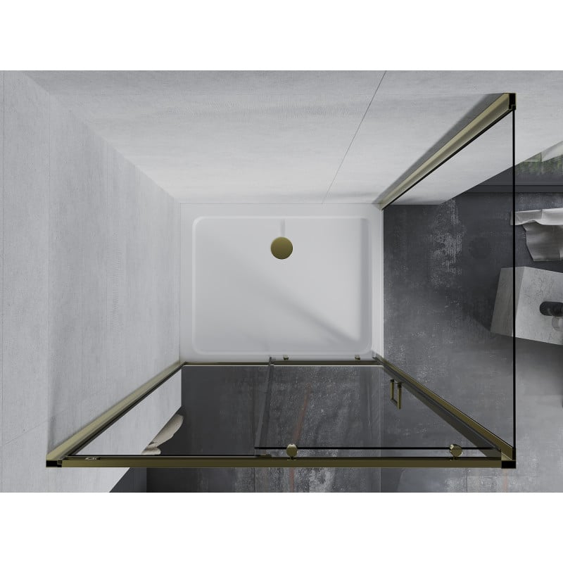 Mexen Apia cabine de douche coulissante 130 x 80 cm, transparent, doré + receveur Flat, blanc- 840-130-080-50-00-4010G