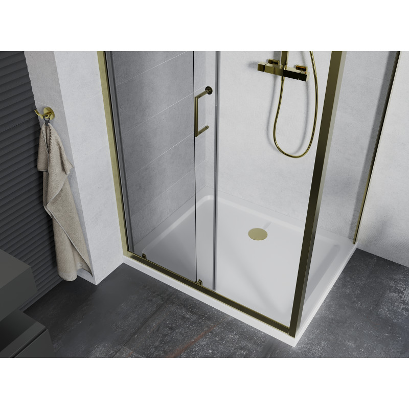 Mexen Apia cabine de douche coulissante 130 x 90 cm, transparent, or + receveur Flat, blanc- 840-130-090-50-00-4010G