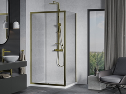 Mexen Apia cabine de douche coulissante 140 x 70 cm, transparent, or + receveur Flat, blanc- 840-140-070-50-00-4010G
