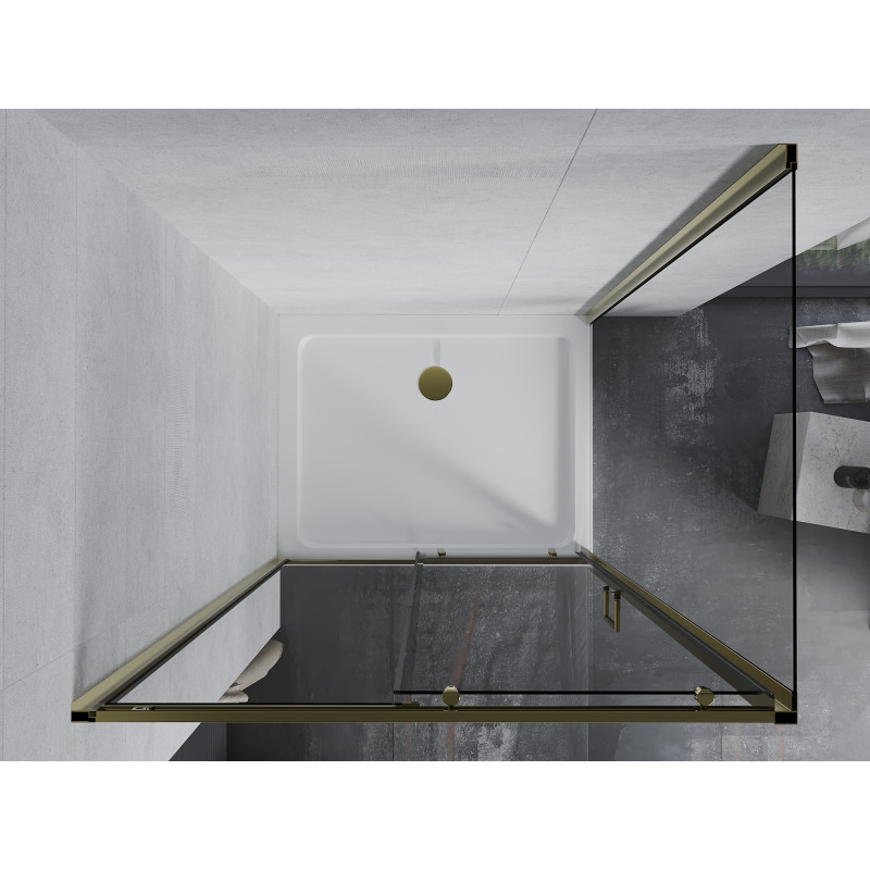 Mexen Apia cabine de douche coulissante 140 x 80 cm, transparent, dorée + receveur Flat, blanc - 840-140-080-50-00-4010G