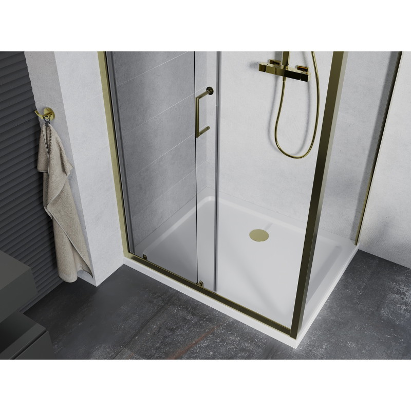 Mexen Apia cabine de douche coulissante 140 x 100 cm, transparente, or + receveur plat, blanc - 840-140-100-50-00-4010G
