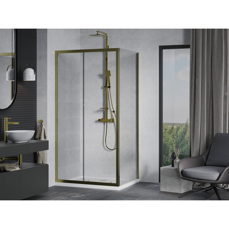 Mexen Apia cabine de douche coulissante 140 x 100 cm, transparente, or + receveur plat, blanc - 840-140-100-50-00-4010G