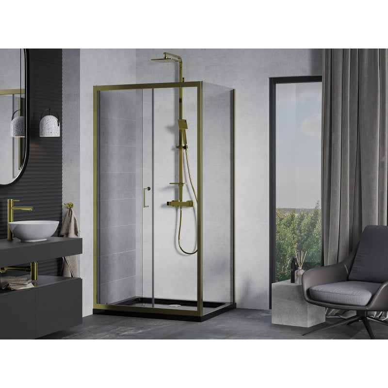 Mexen Apia cabine de douche coulissante 90 x 70 cm, transparent, dorée + receveur Flat, noir - 840-090-070-50-00-4070G