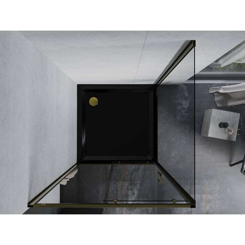 Mexen Apia cabine de douche coulissante 90 x 90 cm, transparent, or + receveur de douche Flat, noir - 840-090-090-50-00-4070G