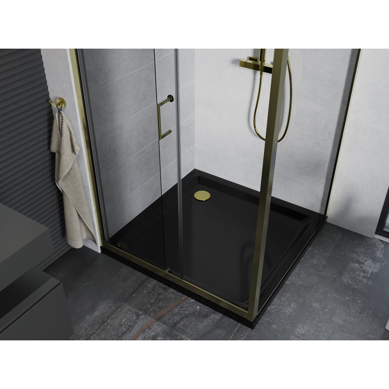 Mexen Apia cabine de douche coulissante 90 x 90 cm, transparent, or + receveur de douche Flat, noir - 840-090-090-50-00-4070G