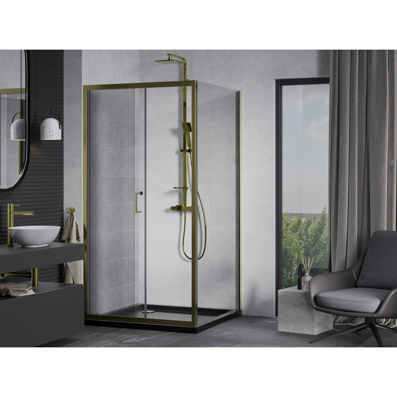 Mexen Apia cabine de douche coulissante 90 x 90 cm, transparente, dorée + receveur Flat, noir - 840-090-090-50-00-4070G
