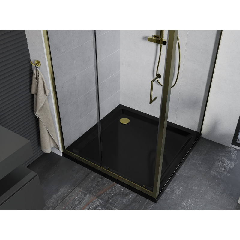 Mexen Apia cabine de douche coulissante 90 x 90 cm, transparent, or + receveur de douche Flat, noir - 840-090-090-50-00-4070G