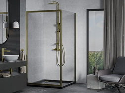 Mexen Apia cabine de douche coulissante 90 x 90 cm, transparent, or + receveur plat, noir - 840-090-090-50-00-4070G