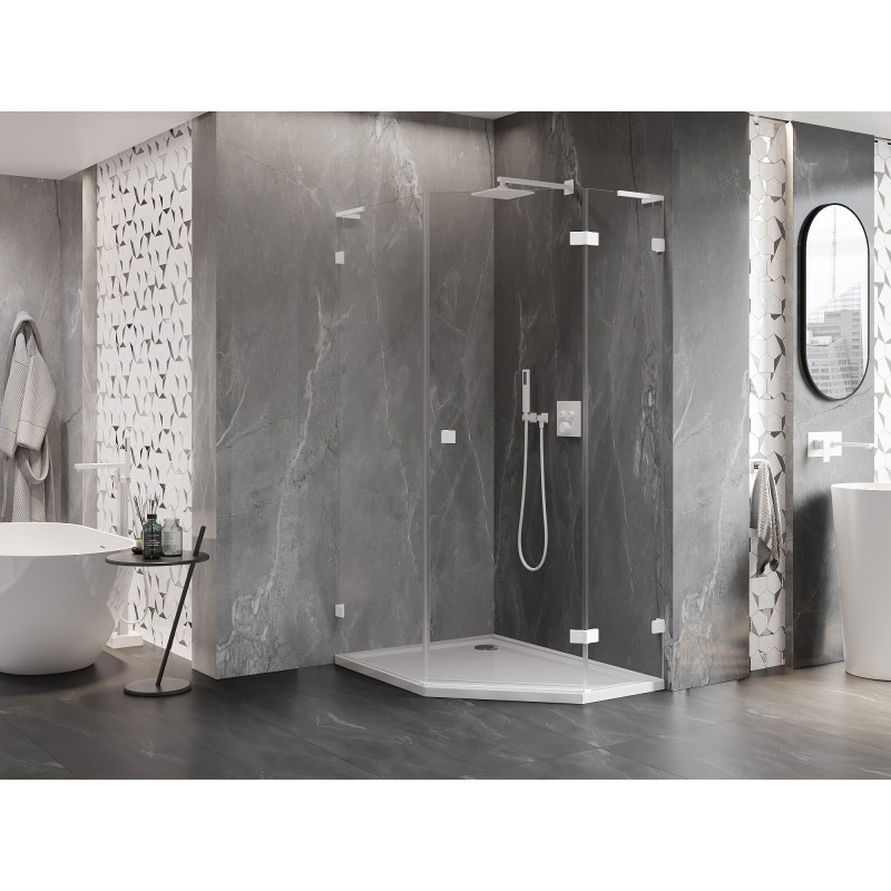 Mexen Lunar L cabine de douche pentagonale pivotante droite 80 x 90 cm, transparent, blanc - 831L-080P-090L-20-00-P