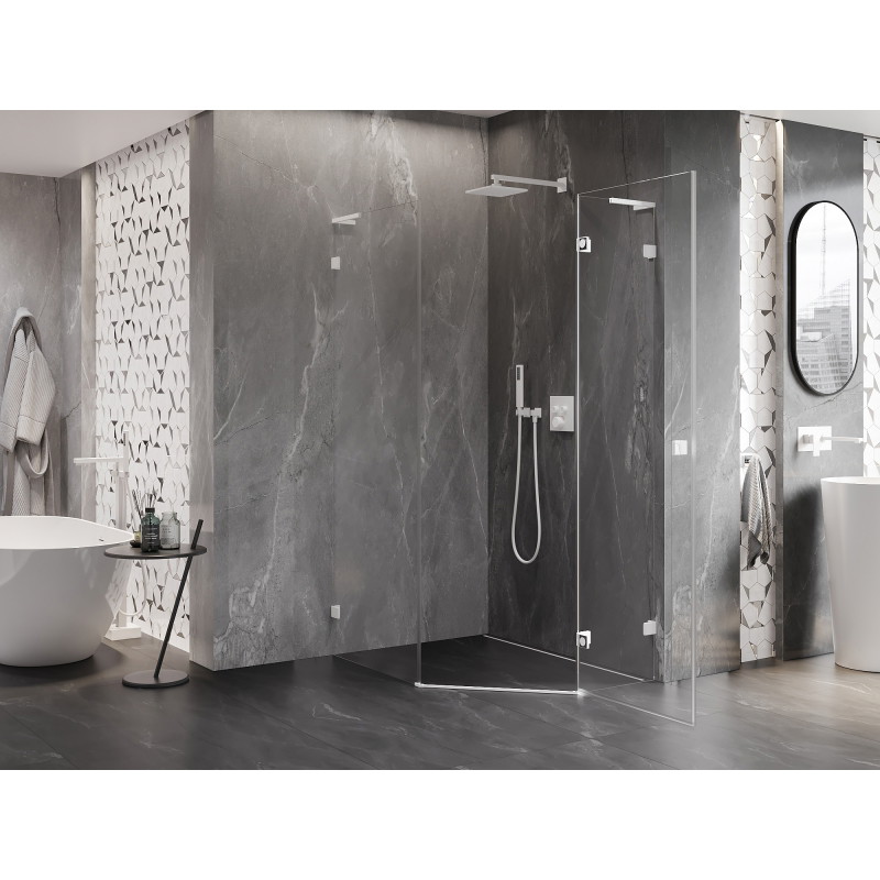 Mexen Lunar L cabine de douche pentagonale pivotante droite 80 x 90 cm, transparent, blanc - 831L-080P-090L-20-00-P