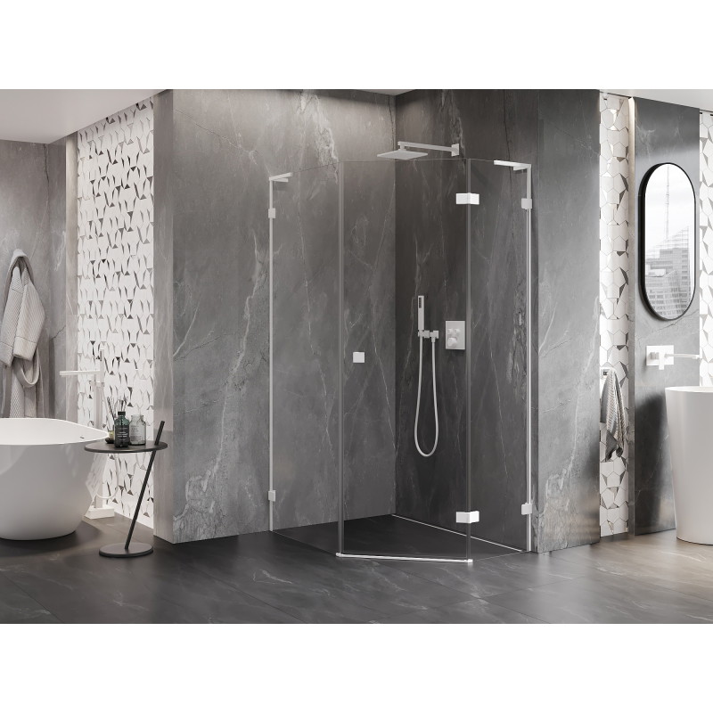 Mexen Lunar L cabine de douche pentagonale pivotante droite 80 x 90 cm, transparent, blanc - 831L-080P-090L-20-00-P
